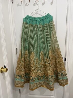 Pakistani Green and Gold Embroidered Full Skirt